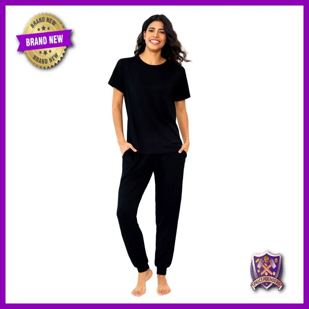 XXL Bamboo Viscose Pajama Set Short Sleeve Jogger Pants Cooling Sleepwear